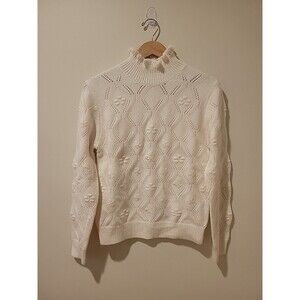 The Cashmere Project Ruffle Neck Textured Floral Turtleneck Sweater Ivory Size L